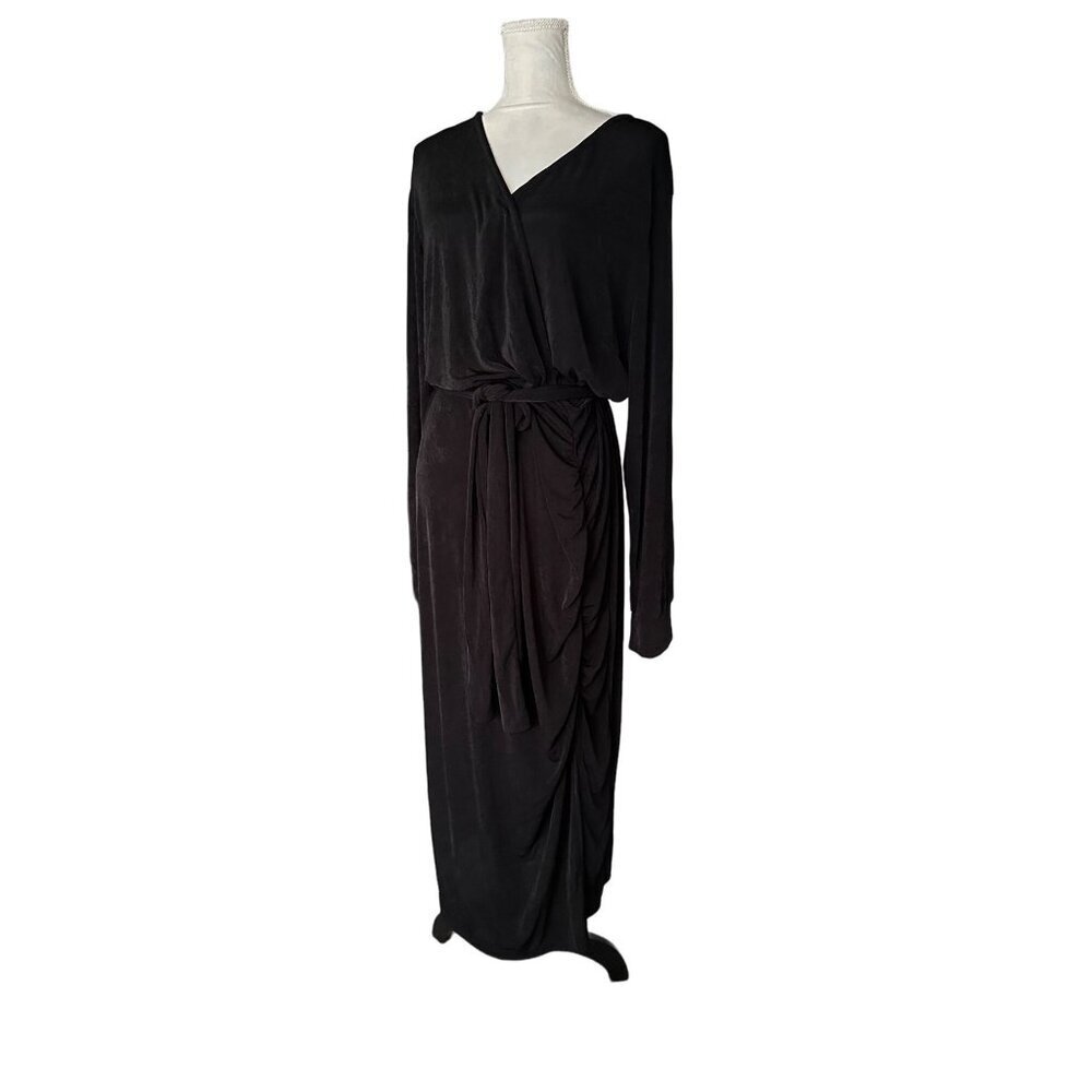 Ashley Sport Black Stretchy Belted Waist Long Sleeve Evening Dress V Neck Ruched - Picture 2 of 12